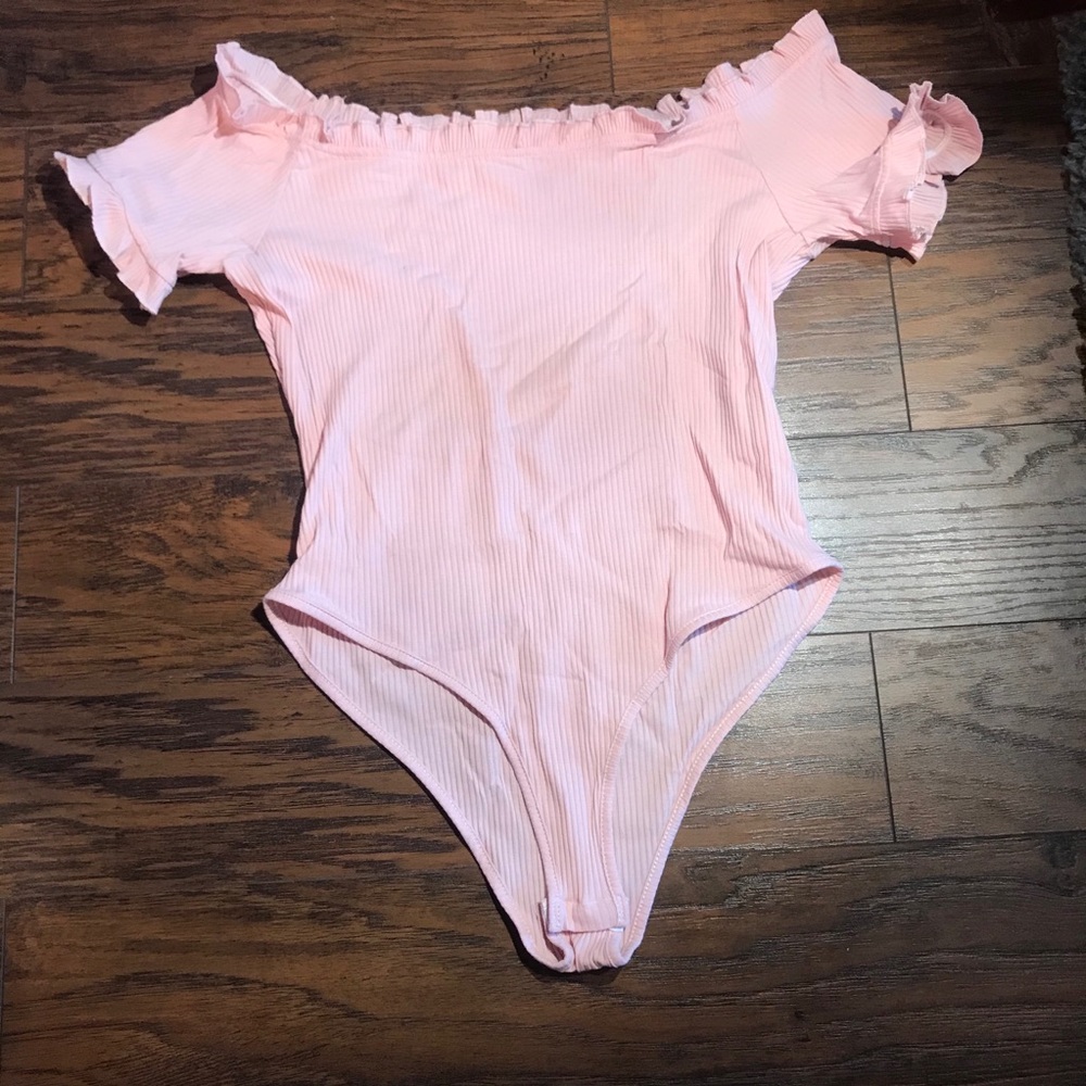 Frill Trim Bardot Pink Bodysuit